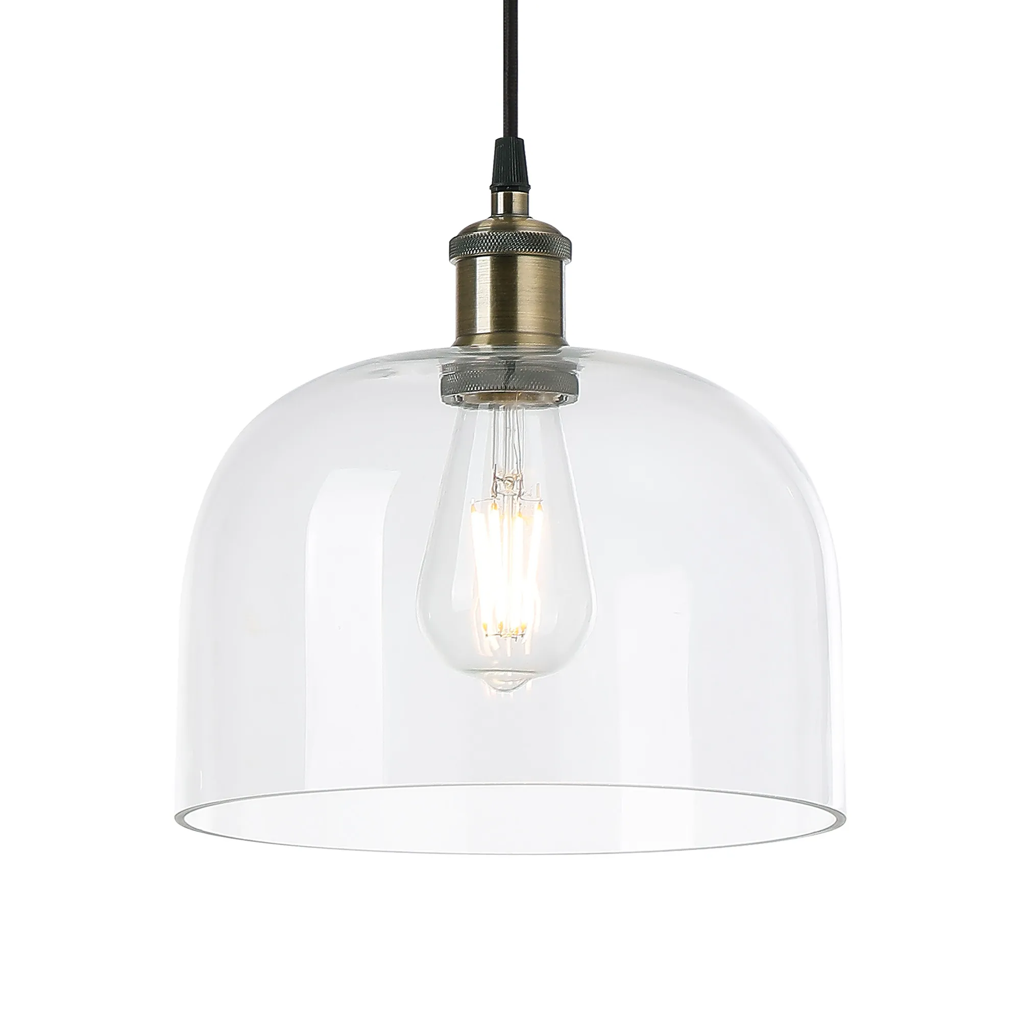 Cawdor Single Pendant, 1 Light E27, Antique Brass/Black/Clear Cloche Glass DK1138  Deco Cawdor